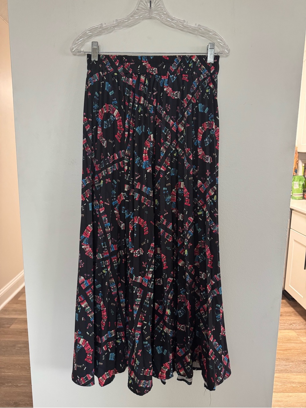 Vintage Black Pleated Maxi Skirt Perfume Bottle Graphic Print Flowy M